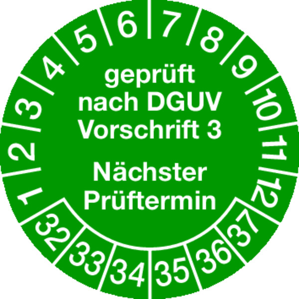 Prüfplakette, DGUV Vorschrift 3 Nächster Prüftermin, Jahresfarben, Ø30mm, Folie - Bogen = 10 Stück