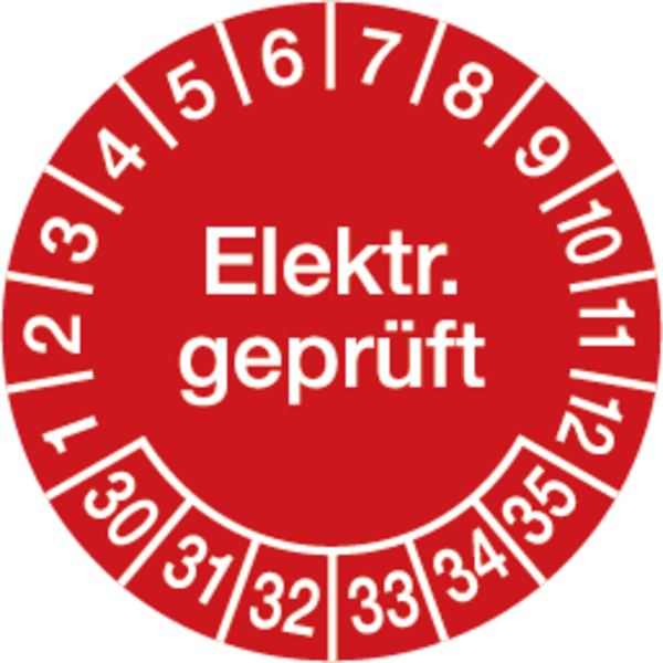 Prüfplakette, Elektr. geprüft, rot/weiß, Ø 30 mm, Folie - Bogen = 10 Plaketten
