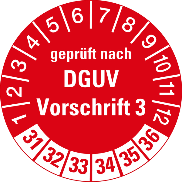 Prüfplakette, geprüft nach DGUV Vorschrift 3, rot/weiß, Ø 30 mm - Bogen = 10 Plaketten