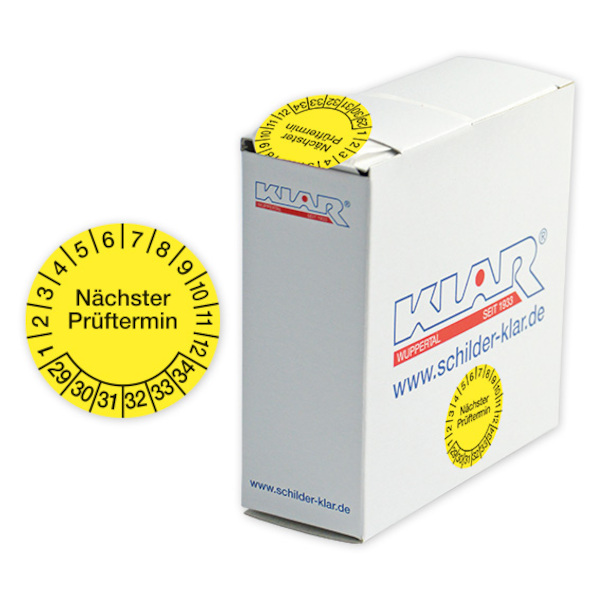 Prüfplakette, Nächster Prüftermin, Folie, Ø 30mm, gelb/schwarz - Spenderbox à 500 Stück