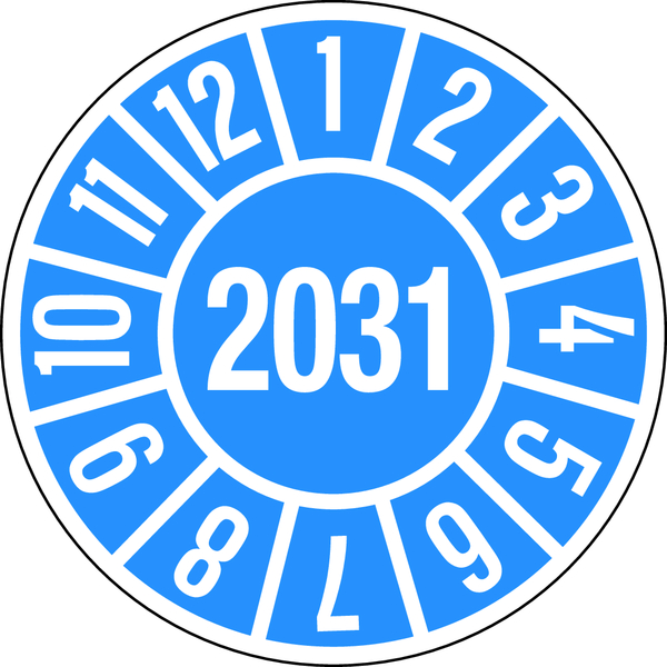 Jahresprüfplakette, blau/weiß Ø 35mm - Bogen = 10 Plaketten
