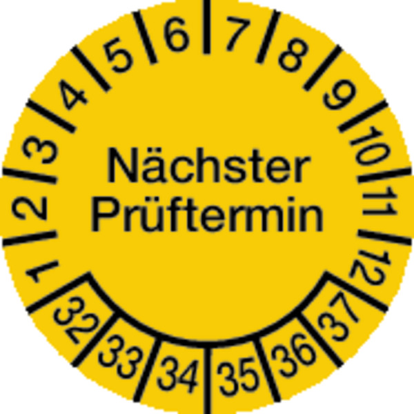 Prüfplakette, Nächster Prüftermin, Dokumentenfolie, gelb/schwarz, Ø 15 mm - Bogen = 10 Plaketten