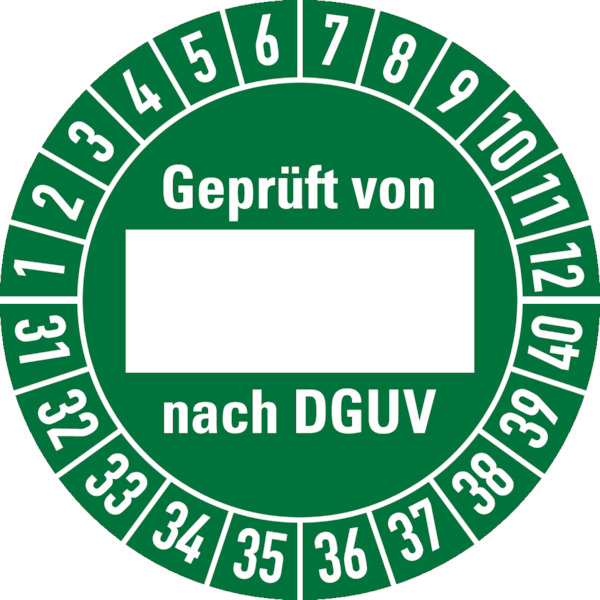 Prüfplakette, Geprüft von (Freifeld) nach DGUV, grün/weiß, Folie, Ø 30 mm - Bogen = 10 Plaketten