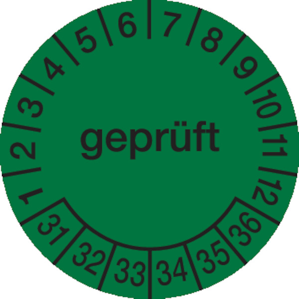 Prüfplakette, geprüft, grün/schwarz, Folie, Ø 30 mm - Bogen = 10 Plaketten