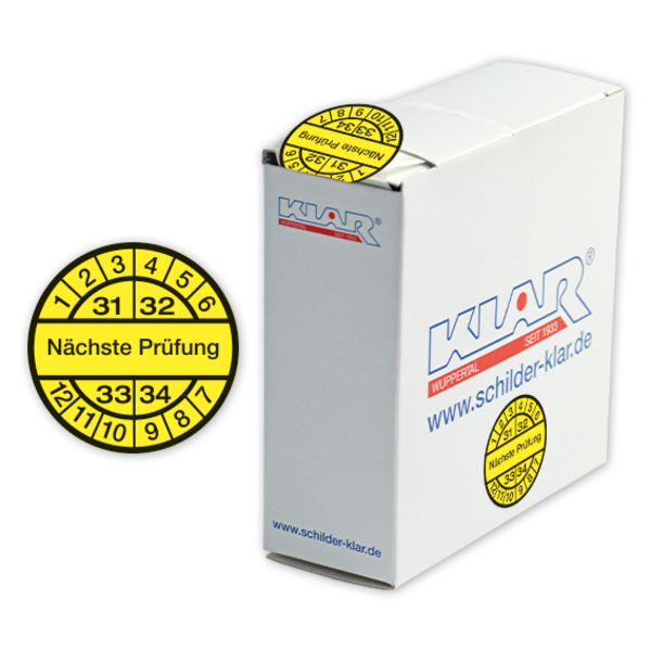 Prüfplakette, Nächste Prüfung, gelb/schwarz, Folie, Ø 30 mm - Spenderbox à 500 Stück