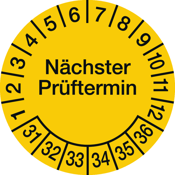 Prüfplakette, Nächster Prüftermin, Folie, gelb/schwarz, Ø 20 mm - Bogen = 10 Plaketten