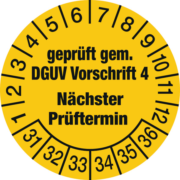 Prüfplakette, DGUV Vorschrift 4 Nächster Prüftermin, gelb/schwarz, Folie, Ø 30mm - Bogen = 10 Stk.