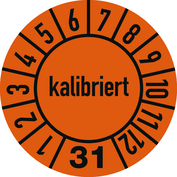 Jahresprüfplakette, kalibriert, orange/schwarz, Folie, Ø 10 mm - Bogen = 10 Plaketten