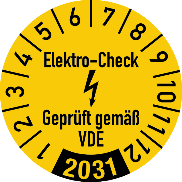 Jahresprüfplakette, Elektro-Check Geprüft gem. VDE, gelb/schwarz, Folie, Ø 30 mm - Bogen = 10 Stk.