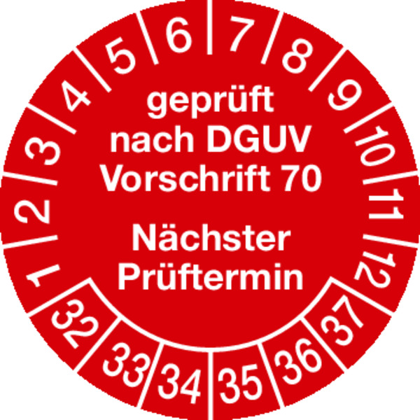 Prüfplaketten, DGUV Vorschrift 70 Nächster Prüftermin, rot/weiß, Folie, Ø 30 mm - Bogen = 10 Stk.