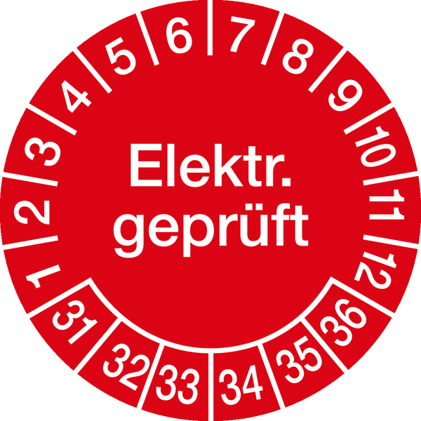 Prüfplakette, Elektr. geprüft, rot/weiß, Ø 30 mm, Dokumentenfolie - Bogen = 10 Plaketten