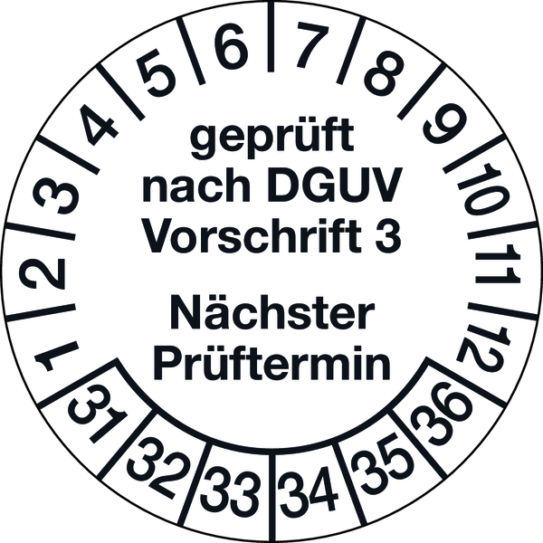 Prüfplakette, DGUV Vorschrift 3 Nächster Prüftermin, Jahresfarben, Ø30mm, Folie - Bogen = 10 Stück
