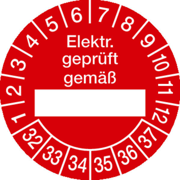 Prüfplakette, Elektr. geprüft gemäß (Freifeld), rot/weiß, Folie, Ø 30 mm - Bogen = 10 Plaketten 436332_ef.jpg