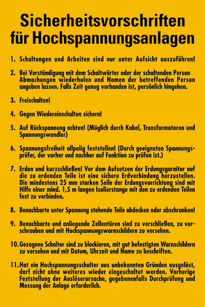 Aushang, Sicherheitsvorschriften für Hochspannungsanlagen