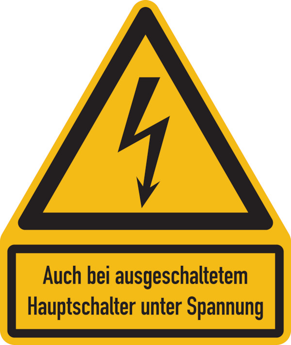 Kombi-Warnschild, Auch bei ausgeschaltetem Hauptschalter unter Spannung, W012, 237 x 200 mm Kombi-Warnschild, Auch bei ausgeschaltetem Hauptschalter unter Spannung, W012, 237 x 200 mm