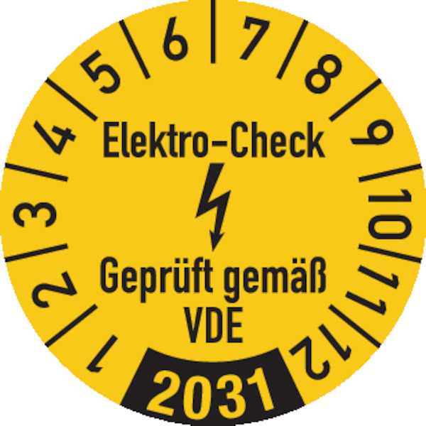 Jahresprüfplakette, Elektro-Check Geprüft gem. VDE, gelb/schwarz, Folie, Ø 30 mm - Bogen = 10 Stk.