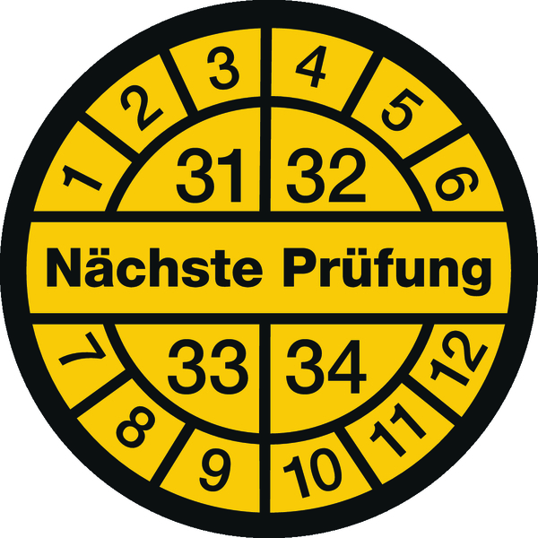 Prüfplakette, Nächste Prüfung, schwarz/gelb, Folie, Ø 12,5/30 mm - Bogen = 10 Plaketten