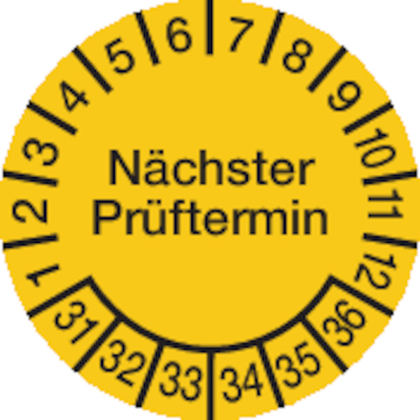 Prüfplakette, Nächster Prüftermin, Folie, gelb/schwarz, Ø 15 mm - Bogen = 10 Plaketten