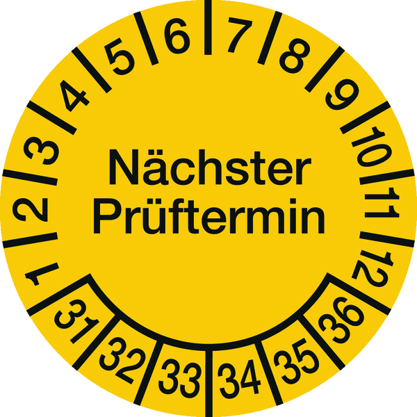 Prüfplakette, Nächster Prüftermin, Folie, gelb/schwarz, Ø 15 mm - Bogen = 10 Plaketten