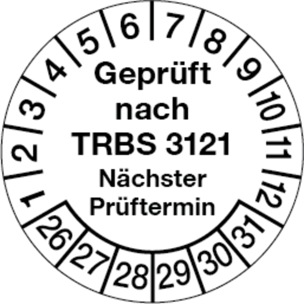 Prüfplakette, TRBS 3121 Nächster Prüftermin, Jahresfarben, Folie, Ø 30 mm - Bogen = 10 Plaketten
