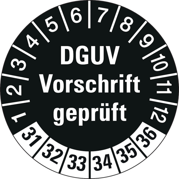 Prüfplakette, DGUV Vorschrift geprüft, schwarz/weiß, Ø 30 mm - Bogen = 10 Plaketten