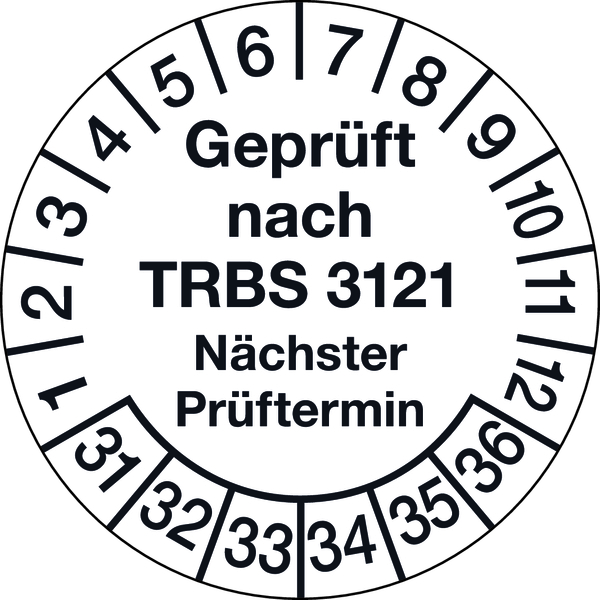 Prüfplakette, TRBS 3121 Nächster Prüftermin, Jahresfarben, Folie, Ø 30 mm - Bogen = 10 Plaketten