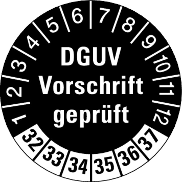 Prüfplakette, DGUV Vorschrift geprüft, schwarz/weiß, Ø 30 mm - Bogen = 10 Plaketten