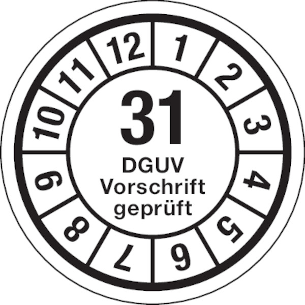 Jahresprüfplaketten, DGUV Vorschrift geprüft, Jahresfarben, Ø 35mm - Bogen = 10 Plaketten