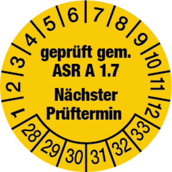 Prüfplakette, ASR A1.7 Nächster Prüftermin, gelb/schwarz, Folie, Ø 30 mm - Bogen = 10 Plaketten