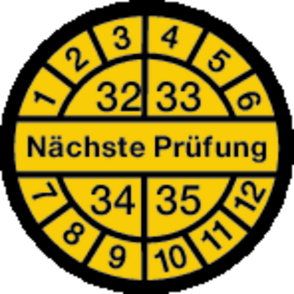 Prüfplakette, Nächste Prüfung, schwarz/gelb, Dokumentenfolie, Ø 12,5/30 mm - Bogen = 10 Plaketten