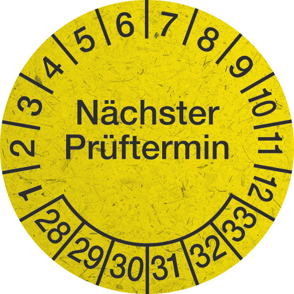 Prüfplakette, Nächster Prüftermin, Graspapier, gelb/schwarz, Ø 30 mm - Bogen = 10 Plaketten
