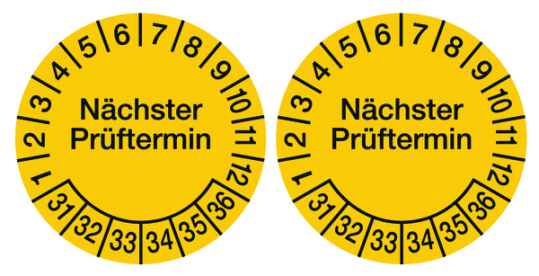 Prüfplakette, Nächster Prüftermin, Folie, gelb/schwarz, Ø 100 mm - Bogen = 2 Plaketten