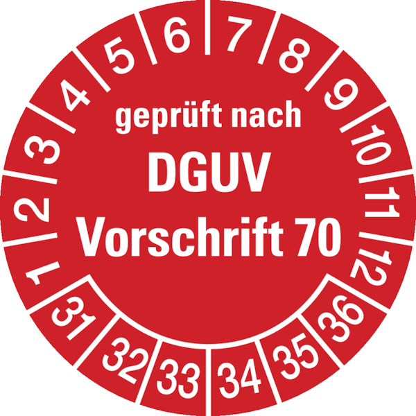 Prüfplakette, geprüft nach DGUV Vorschrift 70, rot/weiß, Folie, Ø 30 mm - Bogen = 10 Plaketten