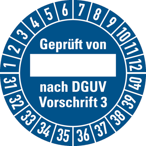 Prüfplakette, Geprüft von _____ nach DGUV Vorschrift 3, blau/weiß, Ø 30mm - Bogen = 10 Plaketten