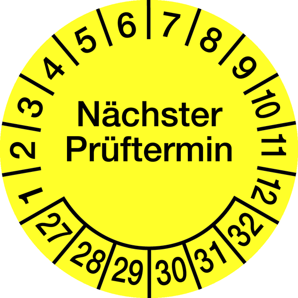 Prüfplakette, Nächster Prüftermin, Folie, gelb/schwarz, Ø 20 mm - Bogen = 10 Plaketten