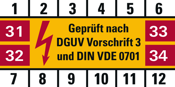 Prüfplakette, DGUV Vorschrift 3 & DIN VDE 0701, Folie, 25 x 50 mm - Bogen = 10 Plaketten