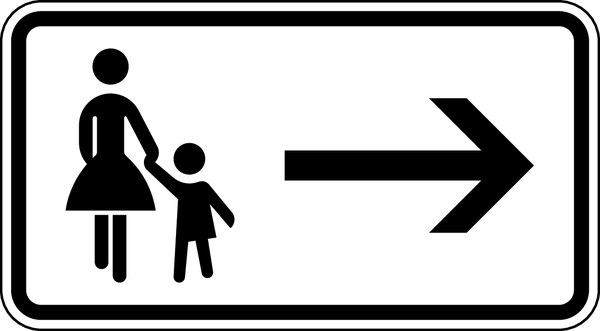 Verkehrszeichen - Fußgänger Gehweg gegenüber benutzen, rechts, Zusatzzeichen 1002-12