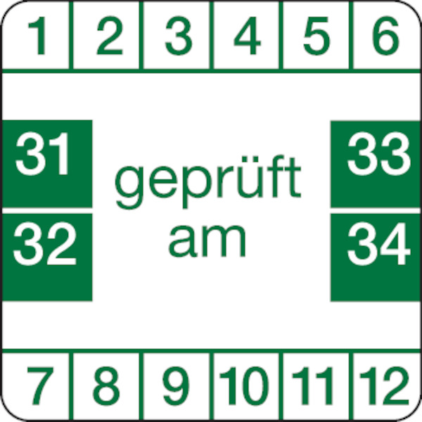 Prüfplakette, "geprüft am", grün/weiß, Folie, 30 x 30 mm - Bogen = 10 Plaketten