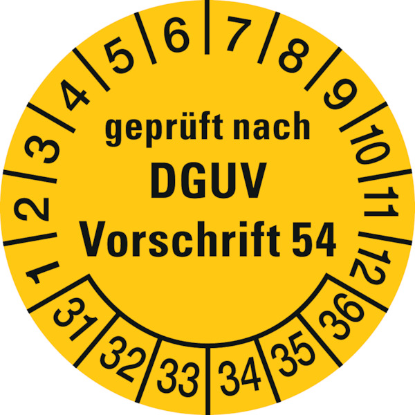 Prüfplakette, geprüft nach DGUV Vorschrift 54, gelb/schwarz, Folie, Ø 30mm - Bogen = 10 Plaketten