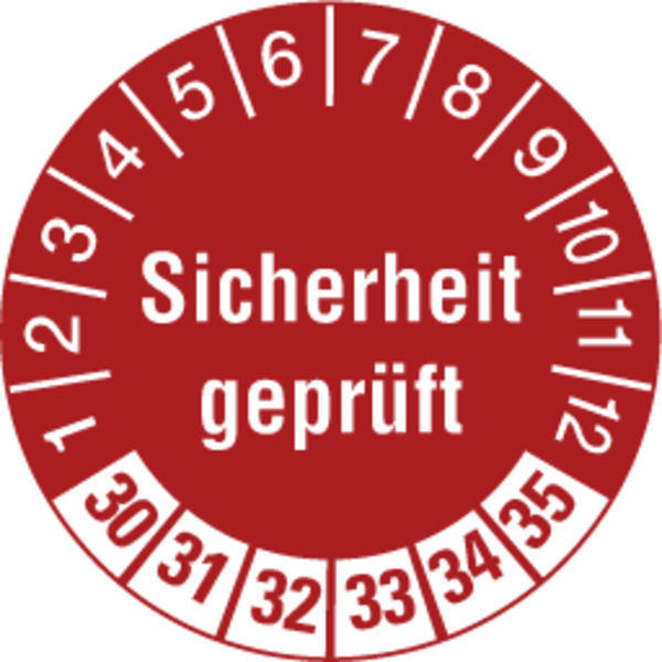 Prüfplakette, Sicherheit geprüft, Rot/Weiß, Folie, Ø 30 mm - Bogen = 10 Plaketten