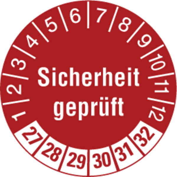 Prüfplakette, Sicherheit geprüft, Rot/Weiß, Folie, Ø 30 mm - Bogen = 10 Plaketten