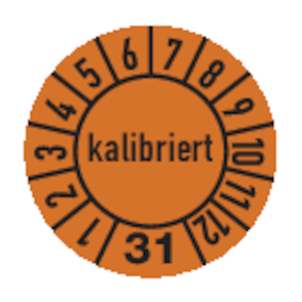Jahresprüfplakette, kalibriert, orange/schwarz, Folie, Ø 10 mm - Bogen = 10 Plaketten