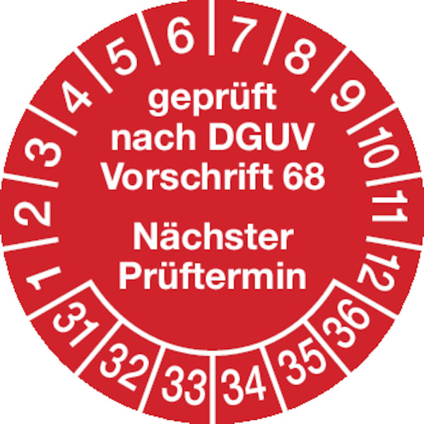 Prüfplakette, DGUV Vorschrift 68 Nächster Prüftermin, rot/weiß, Folie, Ø 30 mm - Bogen = 10 Stk.