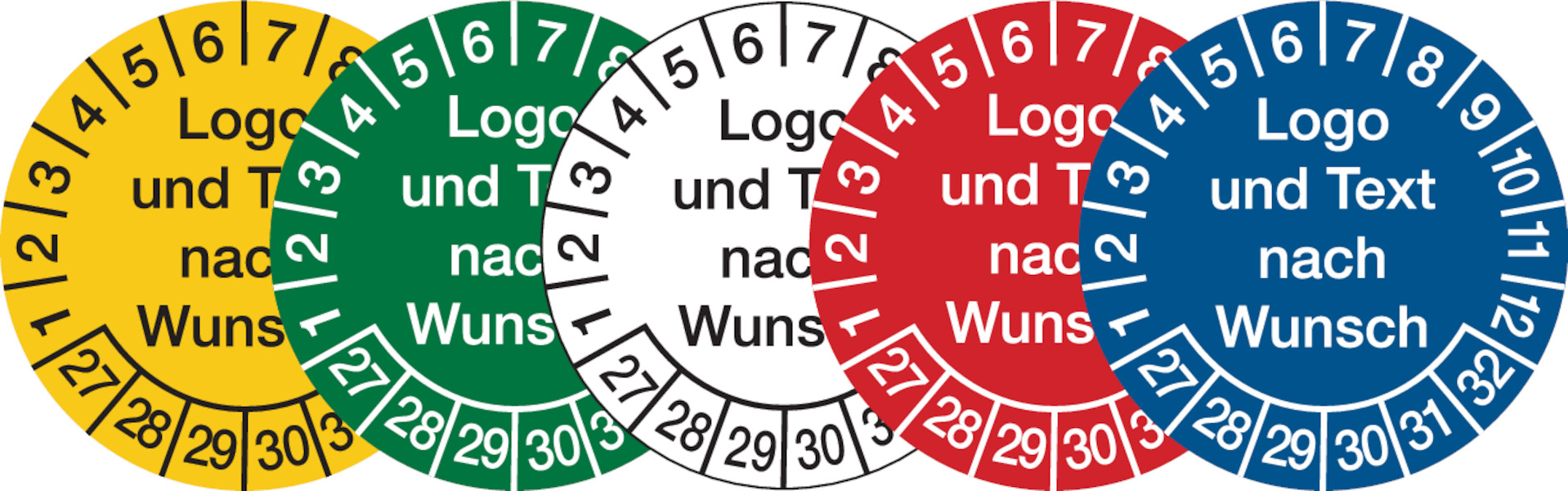 Prüfplaketten, Logo und Text nach Wunsch, Dokumentenfolie, Ø 20 - 40 mm - Bogen = 10 Stk.