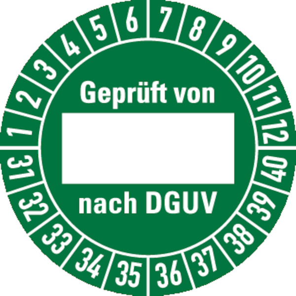 Prüfplakette, Geprüft von (Freifeld) nach DGUV, grün/weiß, Folie, Ø 30 mm - Bogen = 10 Plaketten