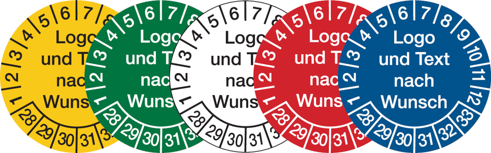 Prüfplaketten, Logo und Text nach Wunsch, Dokumentenfolie, Ø 20 - 40 mm - Bogen = 10 Stk.