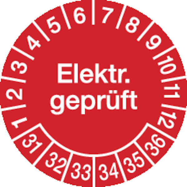 Prüfplakette, Elektr. geprüft, rot/weiß, Ø 20 mm - Bogen = 10 Plaketten