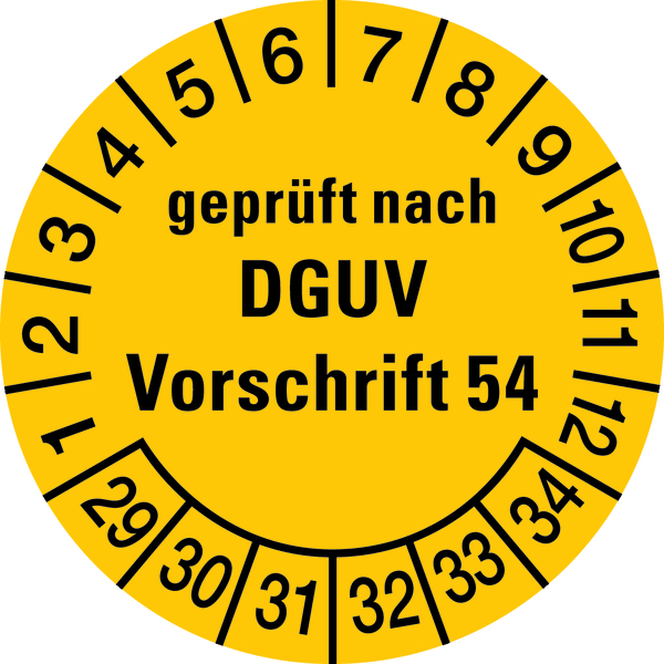 Prüfplakette, geprüft nach DGUV Vorschrift 54, gelb/schwarz, Folie, Ø 30mm - Bogen = 10 Plaketten