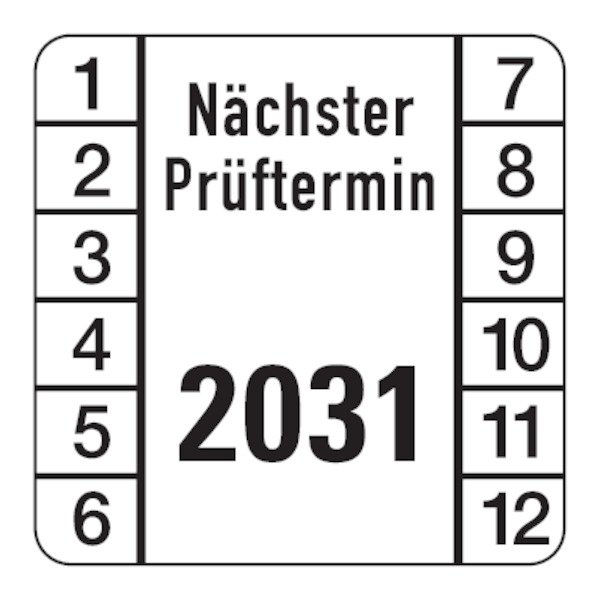 Prüfplakette, Nächster Prüftermin, Jahresfarben, Folie, 30 x 30 mm - Bogen = 10 Plaketten