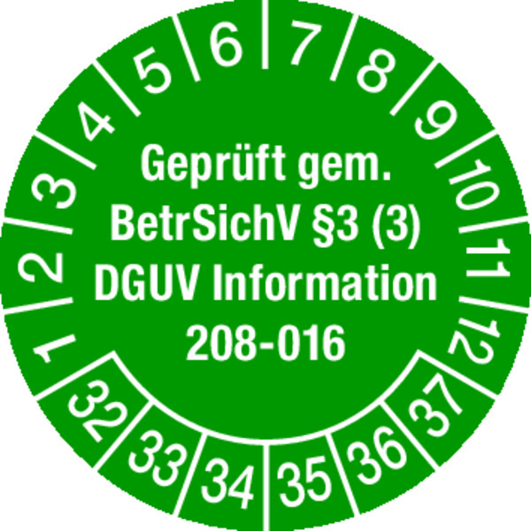 Prüfplakette, Geprüft gem. BetrSichV § 3 (3) DGUV Information 208-016 Ø 30mm - Bogen = 10 Plaketten 366132_ef.jpg